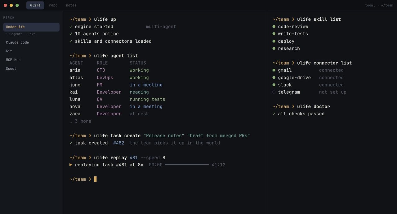 A toowl terminal running ulife commands: starting the engine, listing agents with their roles and status, creating a task, replaying one at 8x, and listing skills and connectors