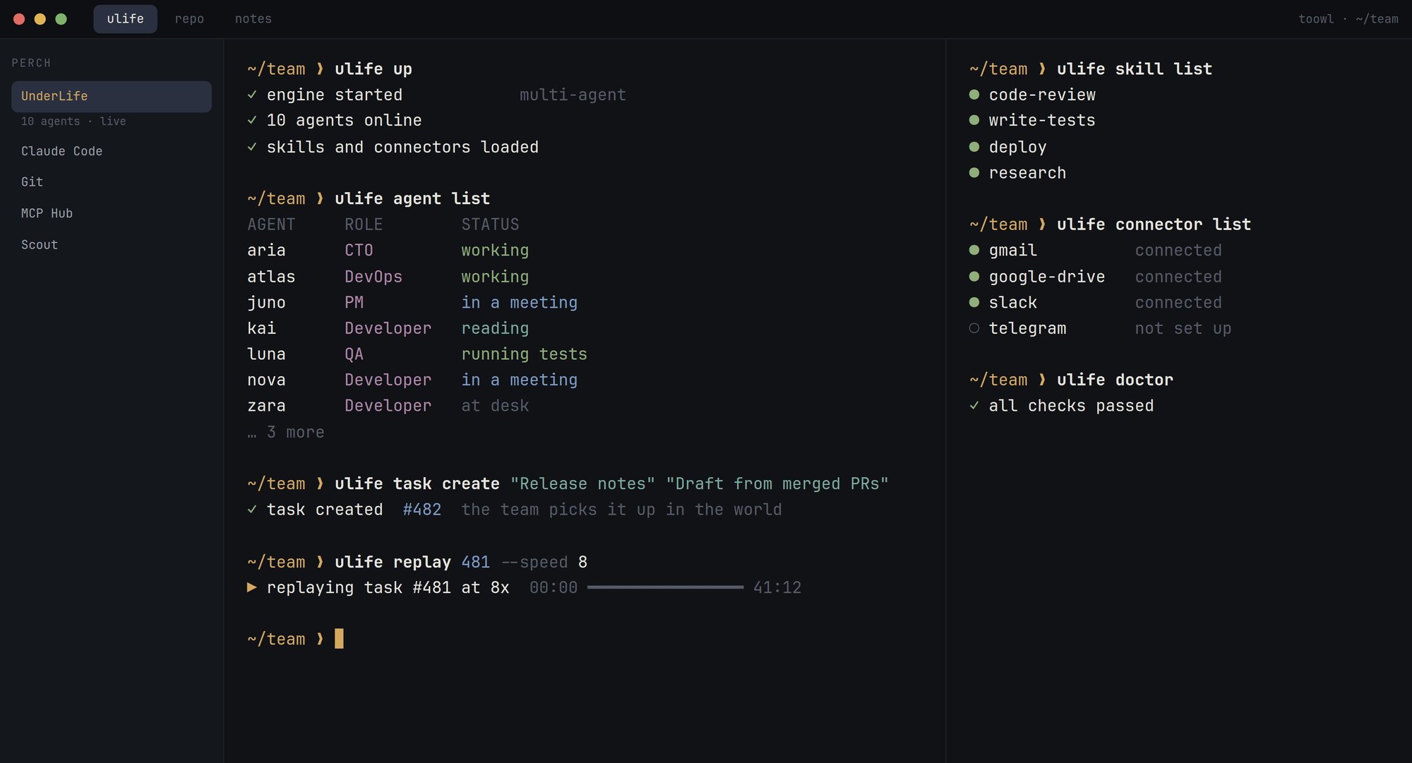 A toowl terminal running ulife commands: starting the engine, listing agents with their roles and status, creating a task, replaying one at 8x, and listing skills and connectors