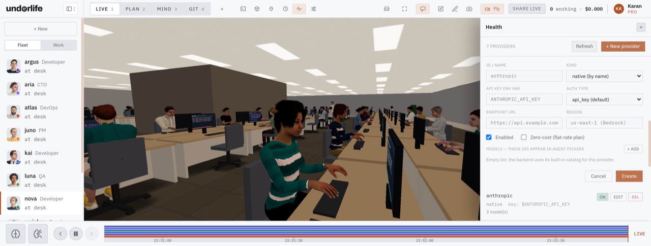 The add-provider form open beside a close view down a row of people typing at their desks in a tower: a provider name, the environment variable that holds its key and an endpoint, above the first provider already set up