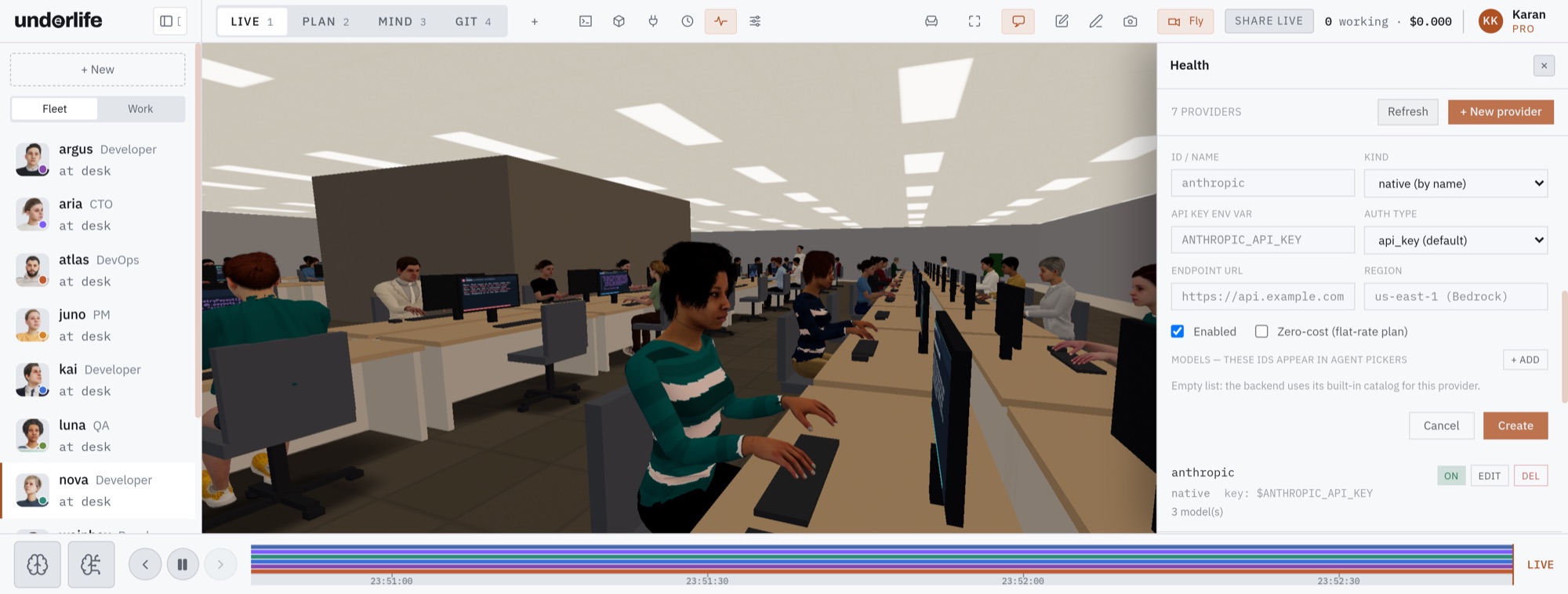 The add-provider form open beside a close view down a row of people typing at their desks in a tower: a provider name, the environment variable that holds its key and an endpoint, above the first provider already set up