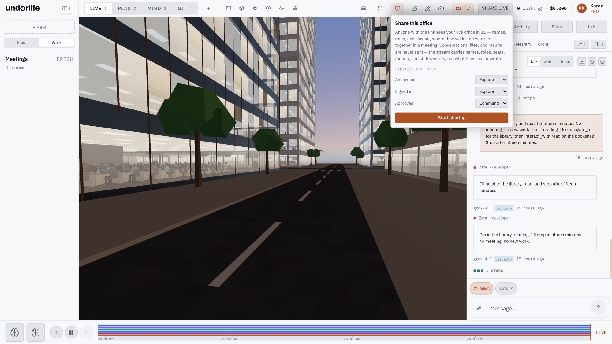 The "Share this office" panel open over a street between lit towers at dusk, with viewer controls for anonymous, signed-in and approved viewers and a Start sharing button