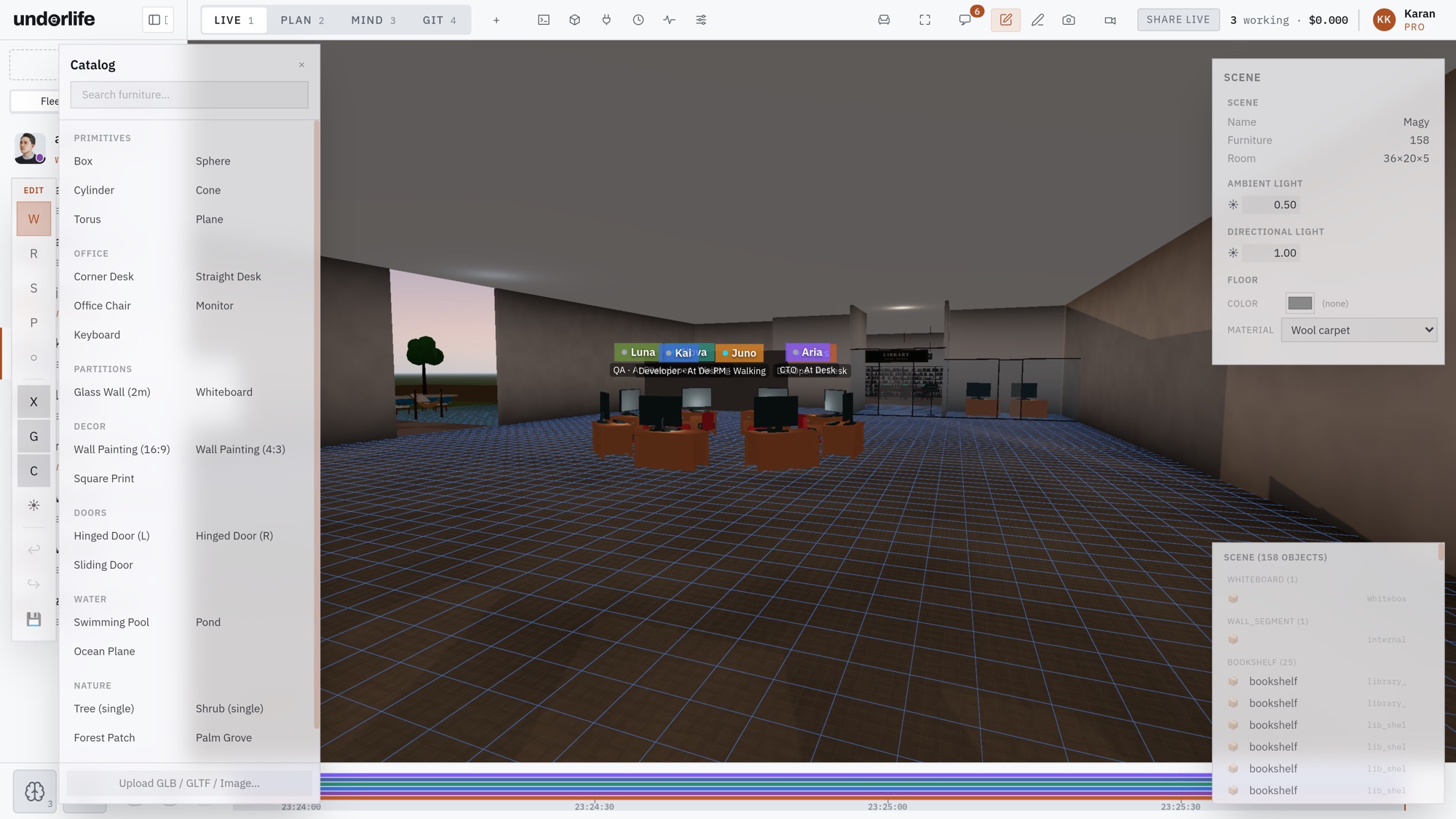 The scene editor open over the office at dusk: a catalogue of furniture, walls, doors, water and plants on the left, the scene’s lighting and floor settings on the right, and an upload button for your own models