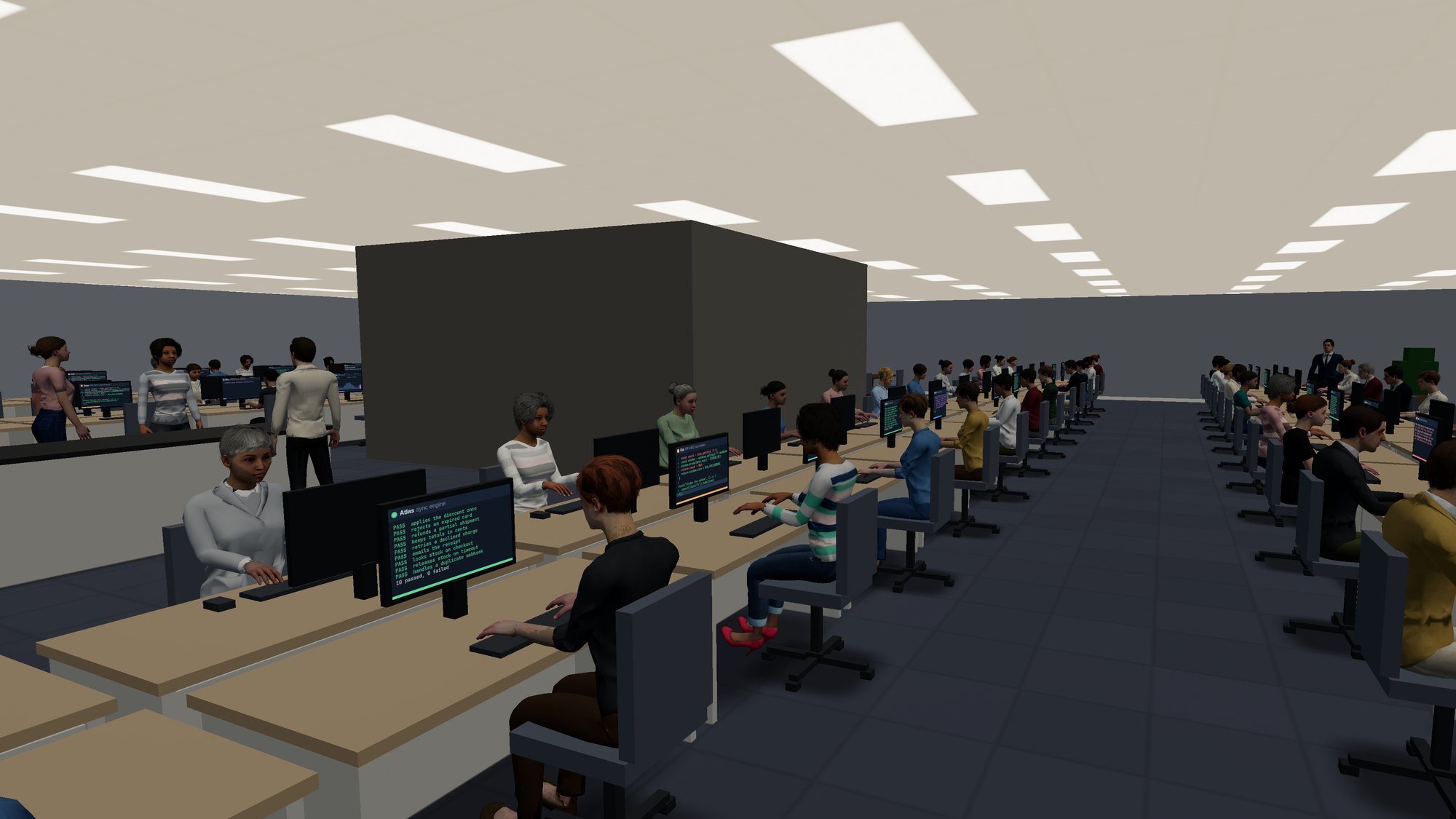 Inside a tower at eye height: rows of agents at their desks, code and passing tests lit on their screens, an aisle running away between the rows