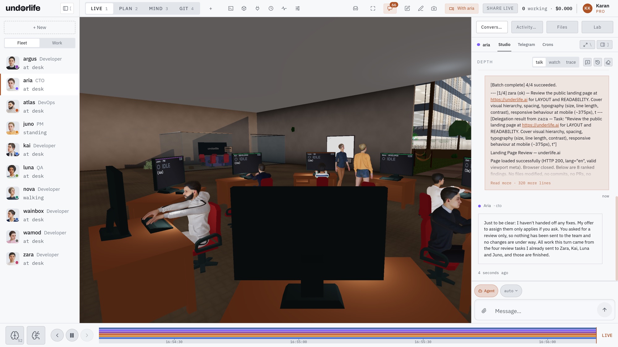 The office after the review, with the lead’s chat showing all four delegated reviews complete and her reply