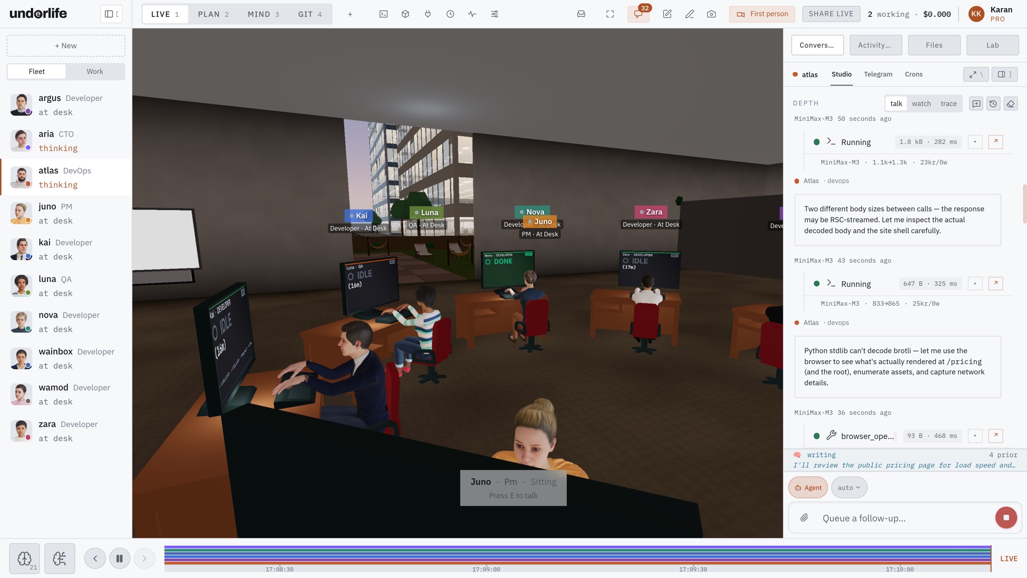 First-person view standing beside the team at dusk: one agent typing at the nearest desk, four more at their screens behind, one screen reading "done"
