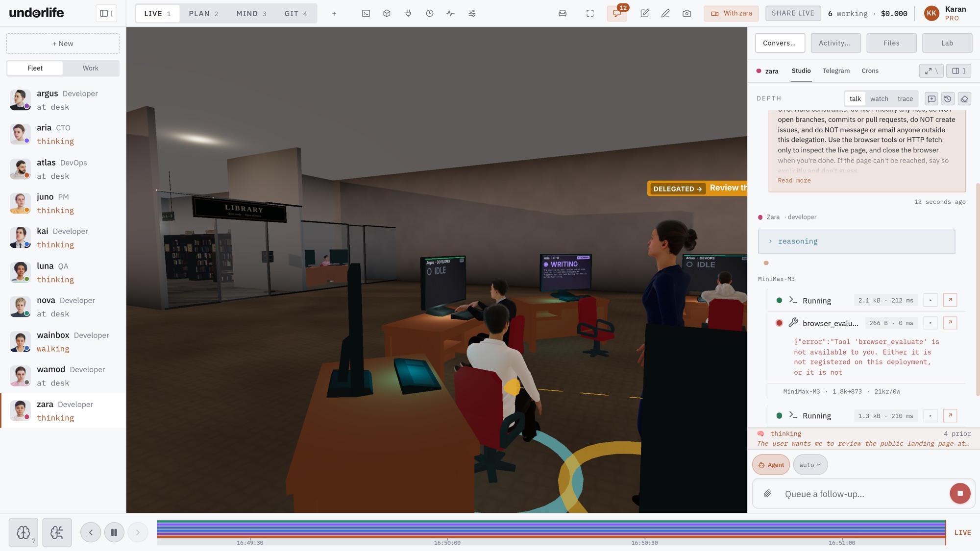 The camera behind an agent in the office while she works on a delegated review, a colleague’s screen ahead reading "writing", her tool calls in the chat