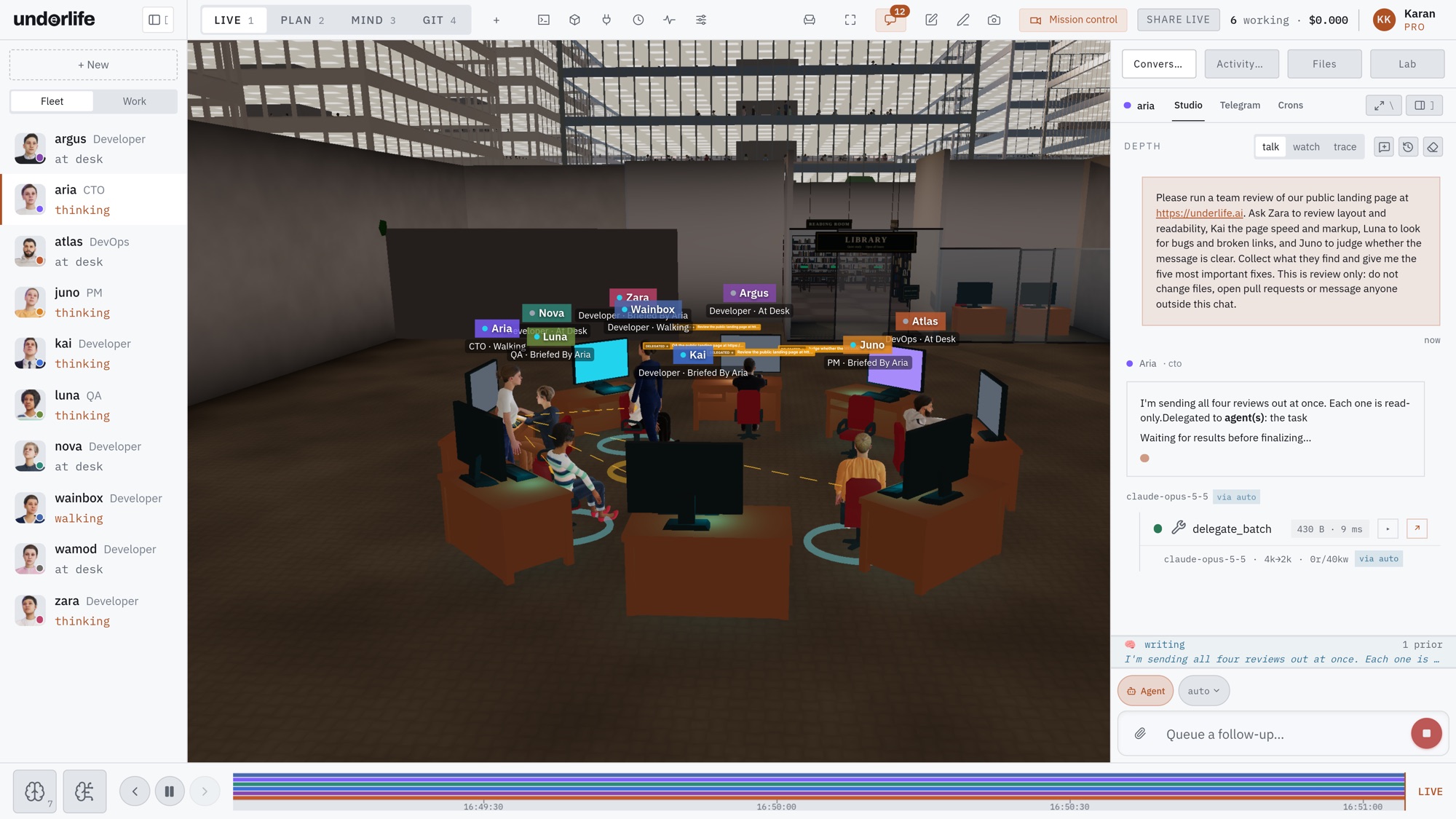 The UnderLife app in a browser during a team review: the team list on the left with six agents thinking, the team at their desks seen from above with dashed lines running from the lead to the agents she briefed, the city’s towers behind, the lead’s chat on the right and the day’s timeline along the bottom