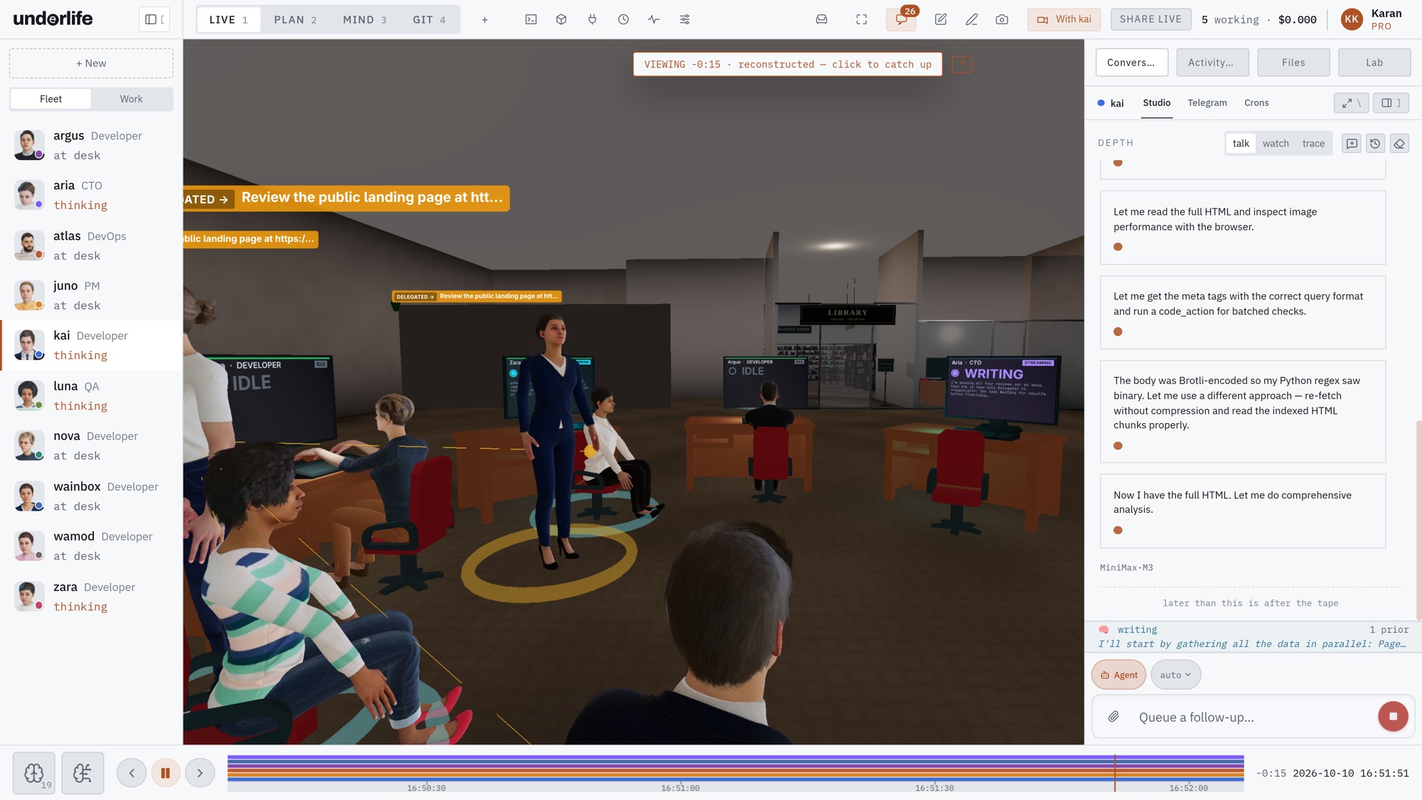 The app rewound 15 seconds in the middle of a team review: a banner reads "Viewing -0:15, reconstructed", the team list shows who was thinking and who was at their desk at that moment, an agent stands among colleagues at lit screens, and the timeline marker sits back from live