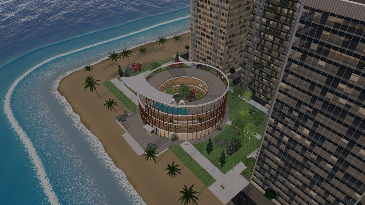 The Spiral from above at golden hour: a round glass building on a beach with a garden at its centre, a rooftop pool and terrace, palm trees, the sea curling along the shore and towers beside it