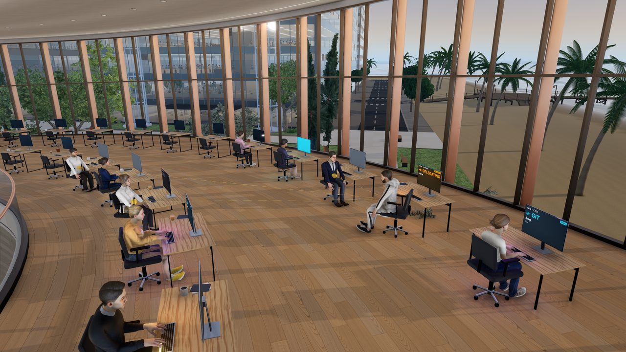 The Spiral studio from above: Atlas turns in his chair with "Delegating" on his screen while dotted lines run across the floor to the teammates he is handing work to, the rest of the team typing at their desks