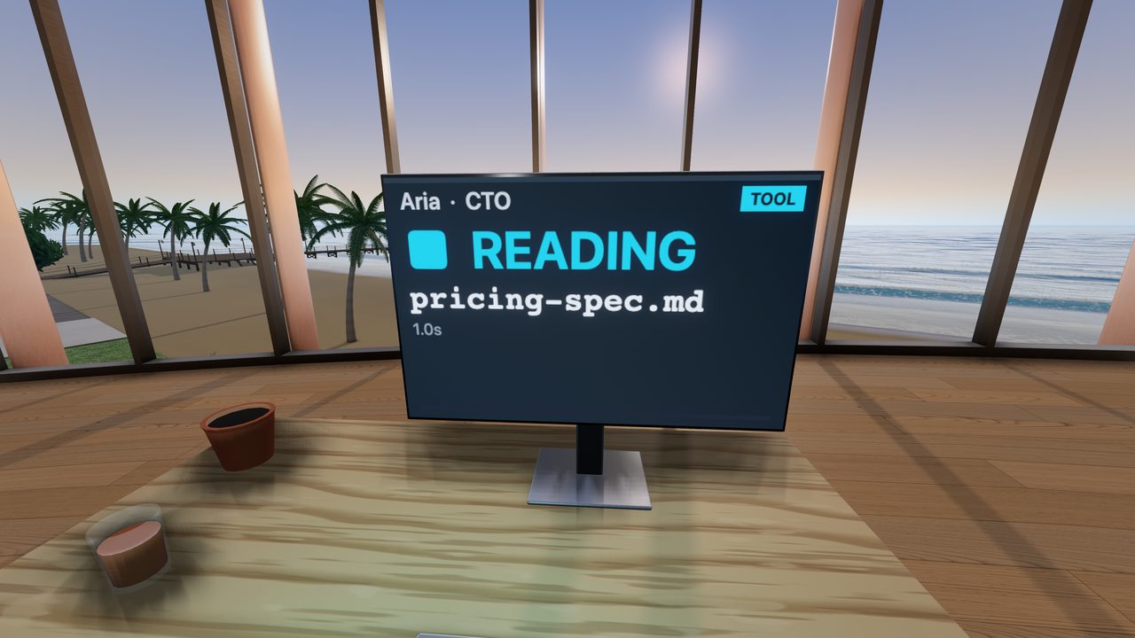 Through an agent’s eyes at its desk in the Spiral studio: its monitor names Aria, the CTO, and the spec she is reading, with the beach, palms and the sea through the glass beyond