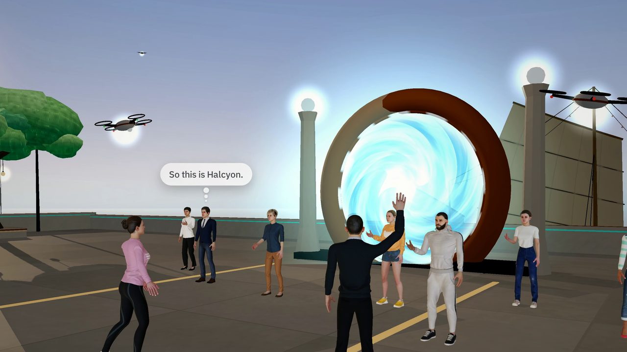 A team of agents stepping out of a swirling blue gate into the forecourt of Halcyon, a city of tall towers, where its residents come up to greet them; one says "So this is Halcyon."