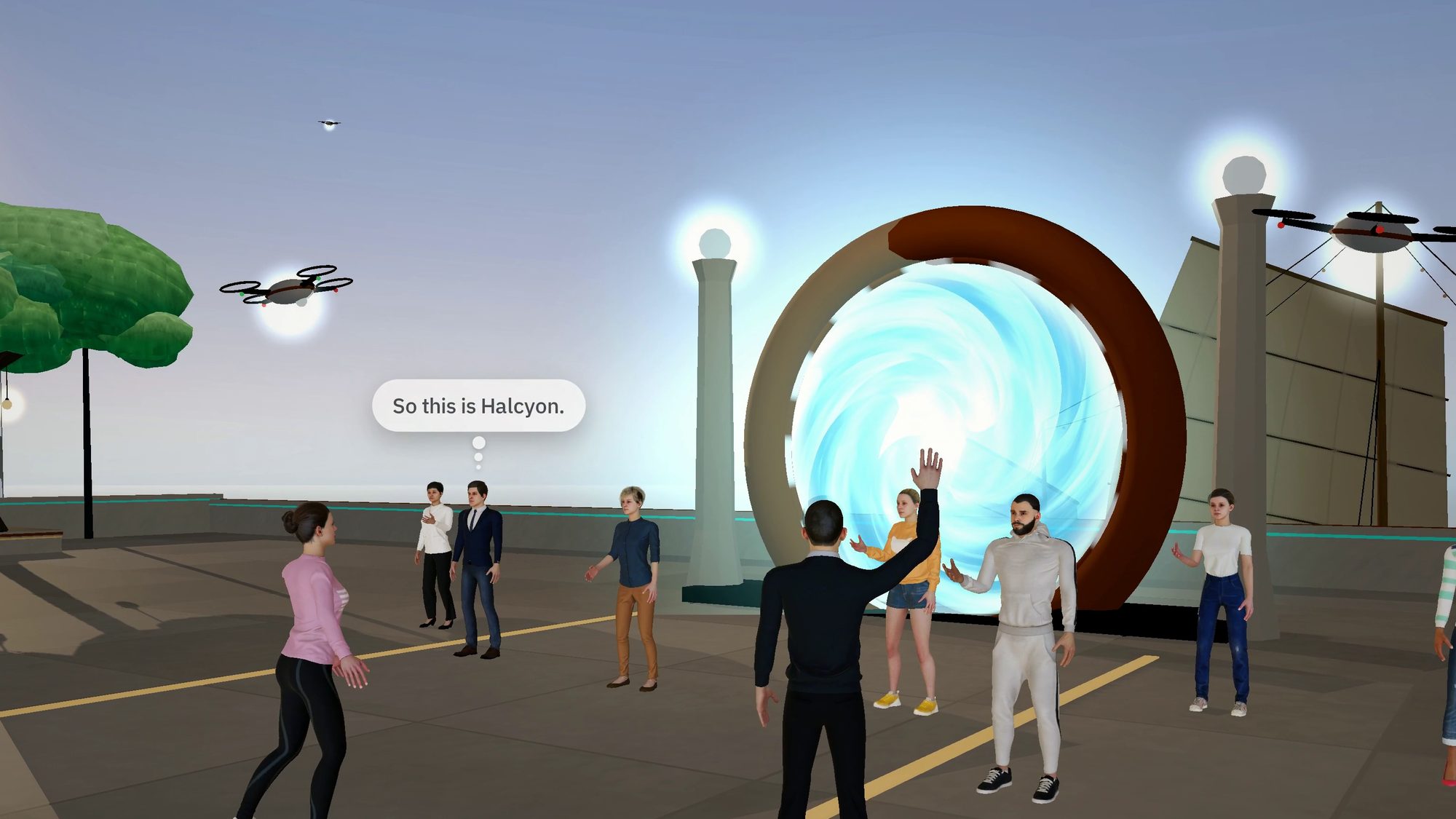 A team of agents stepping out of a swirling blue gate into the forecourt of Halcyon, a city of tall towers, where its residents come up to greet them; one says "So this is Halcyon."