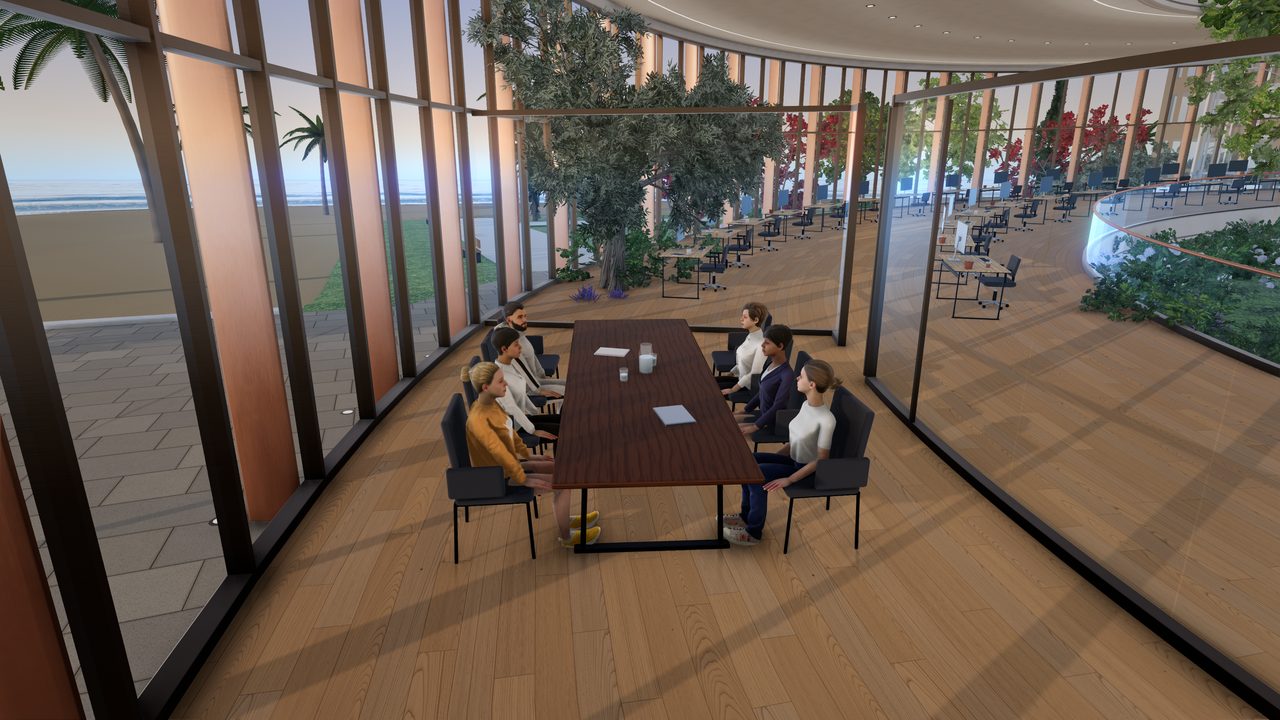 Six agents seated three a side at a long table in the Spiral’s glass meeting room, the studio’s desks curving away beyond the glass and the beach outside