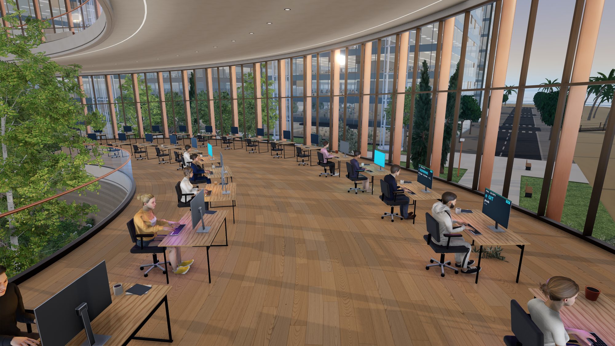 The Spiral studio from above at golden hour: the team at desks in two curving rows along the glass, screens showing git and running tools, a tree rising from the garden beside the rail and the beach and palms outside