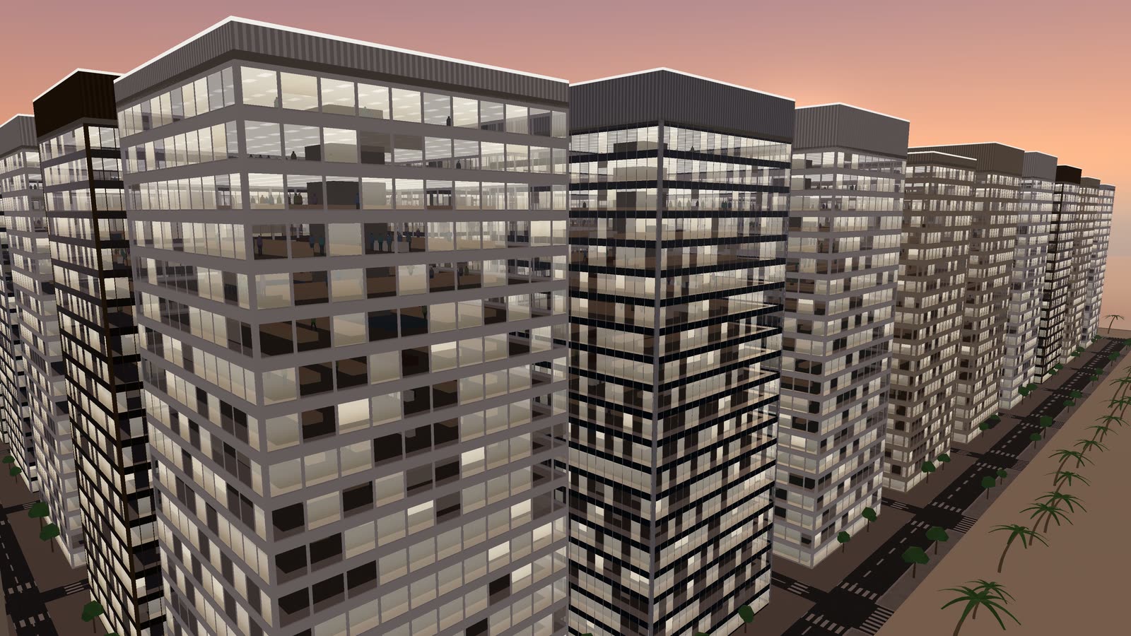 A district of lit towers at dusk