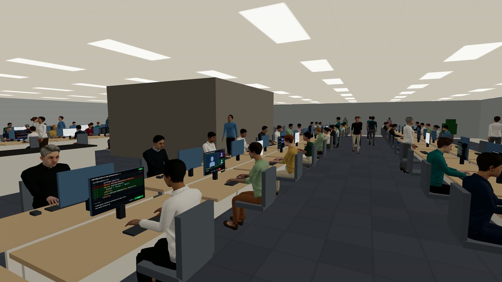 People working at rows of desks on a tower floor