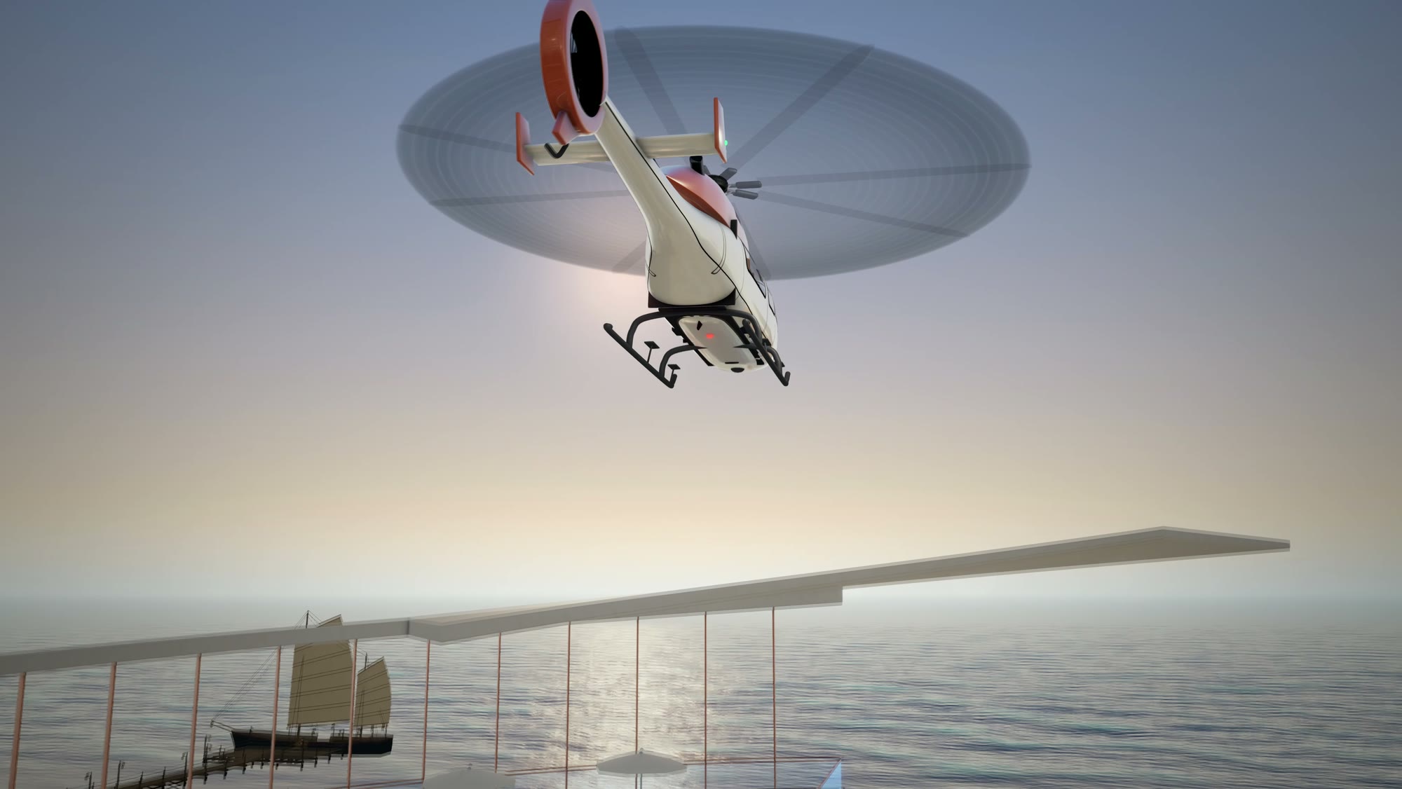 A helicopter climbing into a bright sky over the sea, a junk on the water below