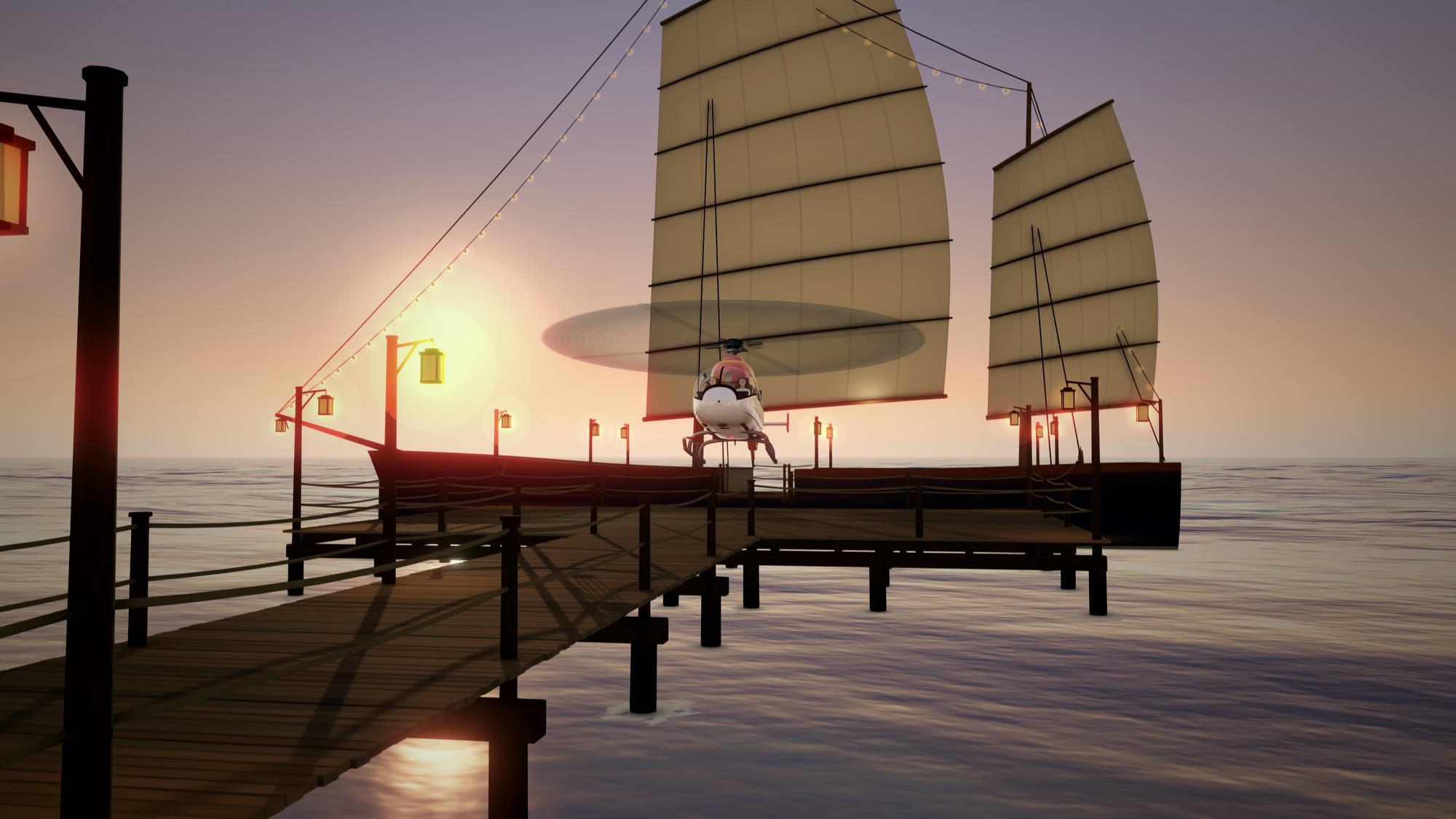 A junk moored at a lantern-lit pier as the sun sets over the sea