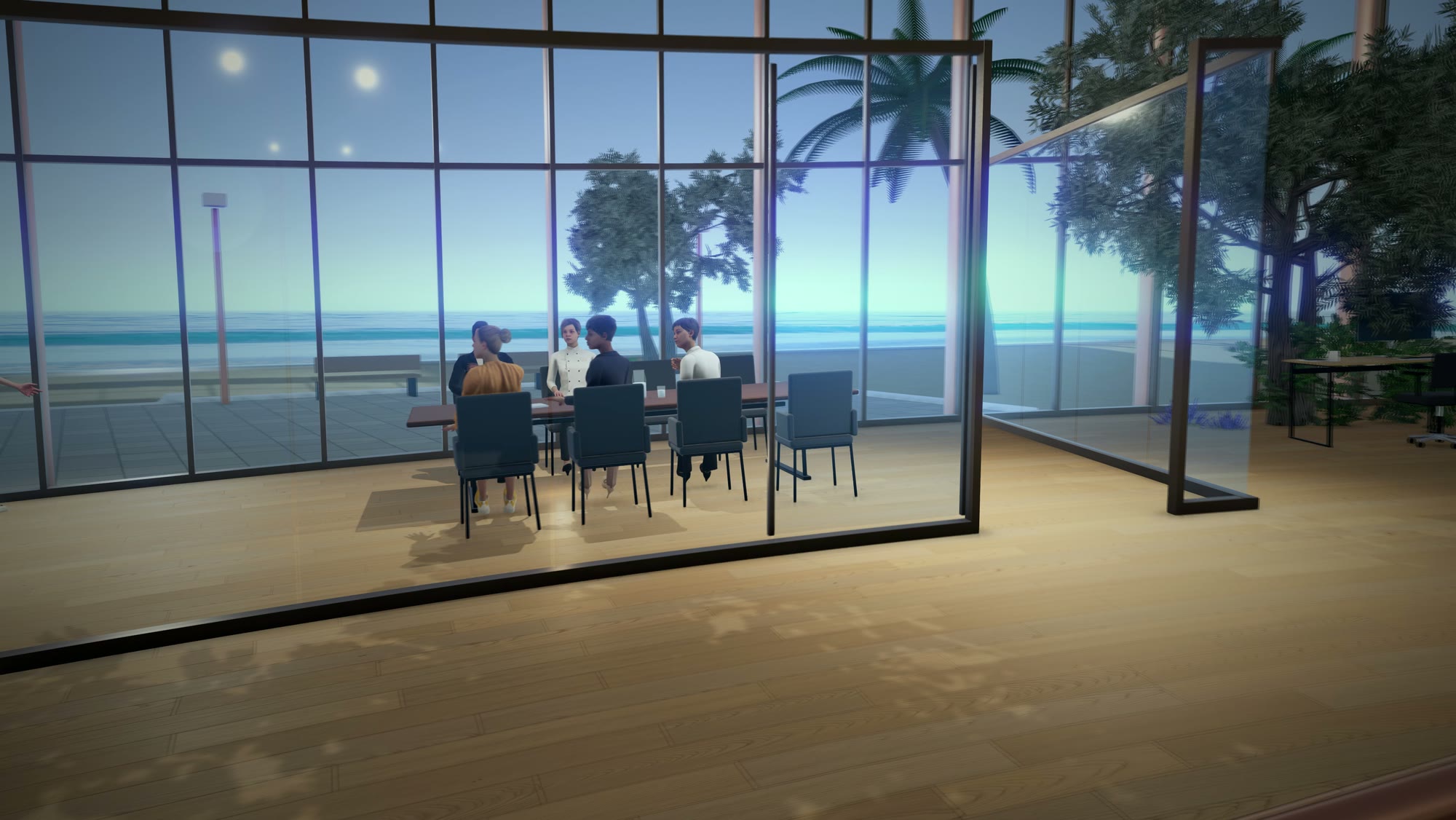The glass meeting room by the sea, the team seated around its table