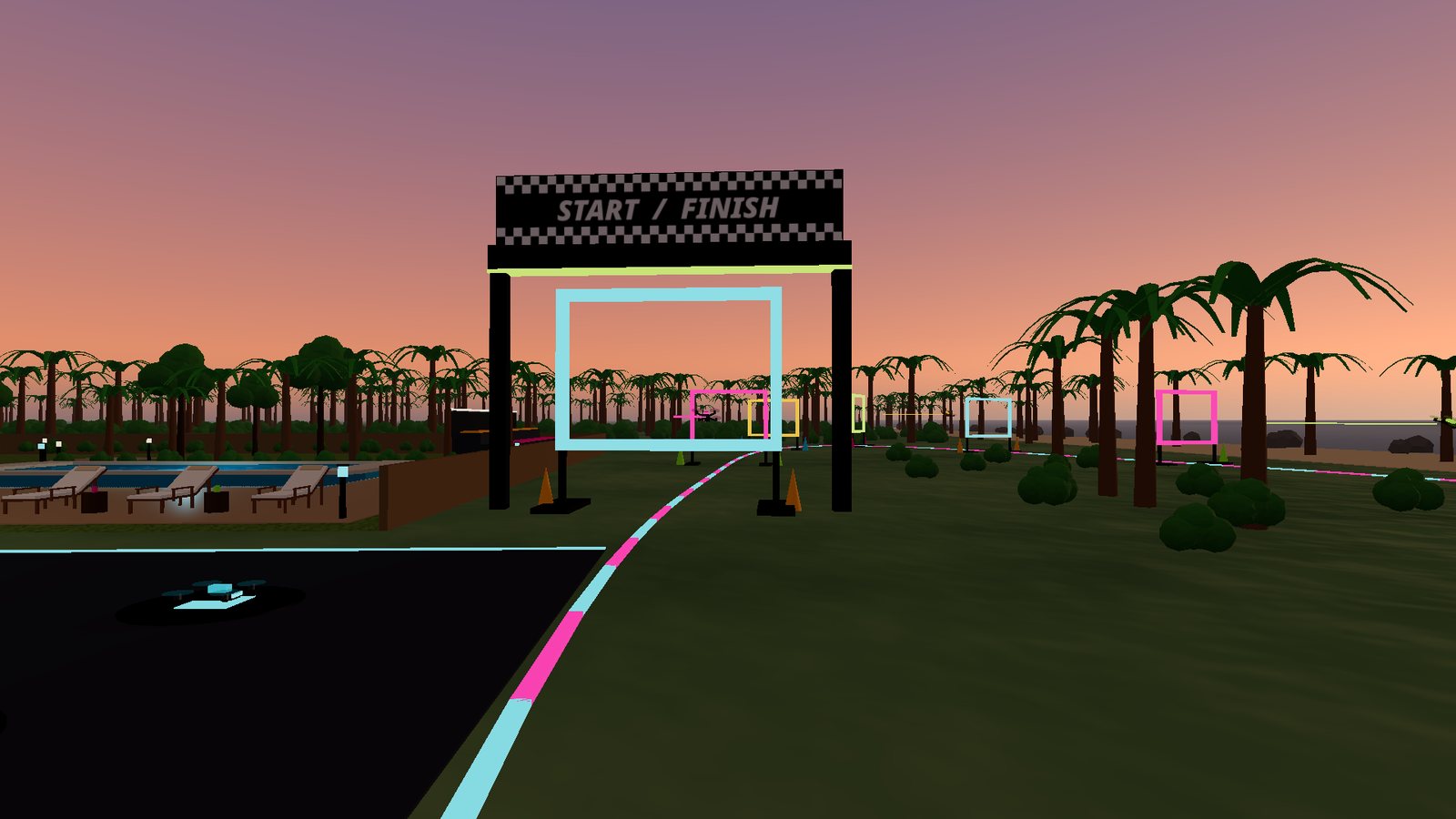 A drone-racing course of lit gates on a shore at dusk