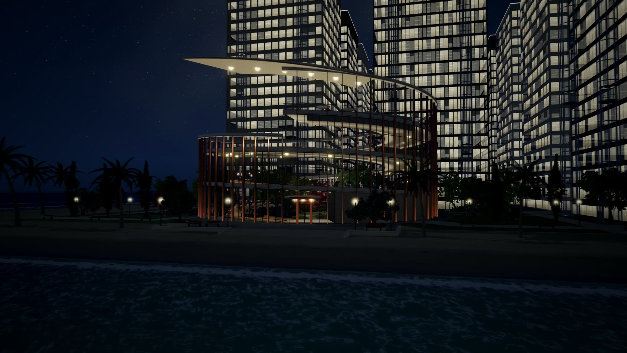 The Spiral at night, lit from inside, its island’s towers glowing behind it