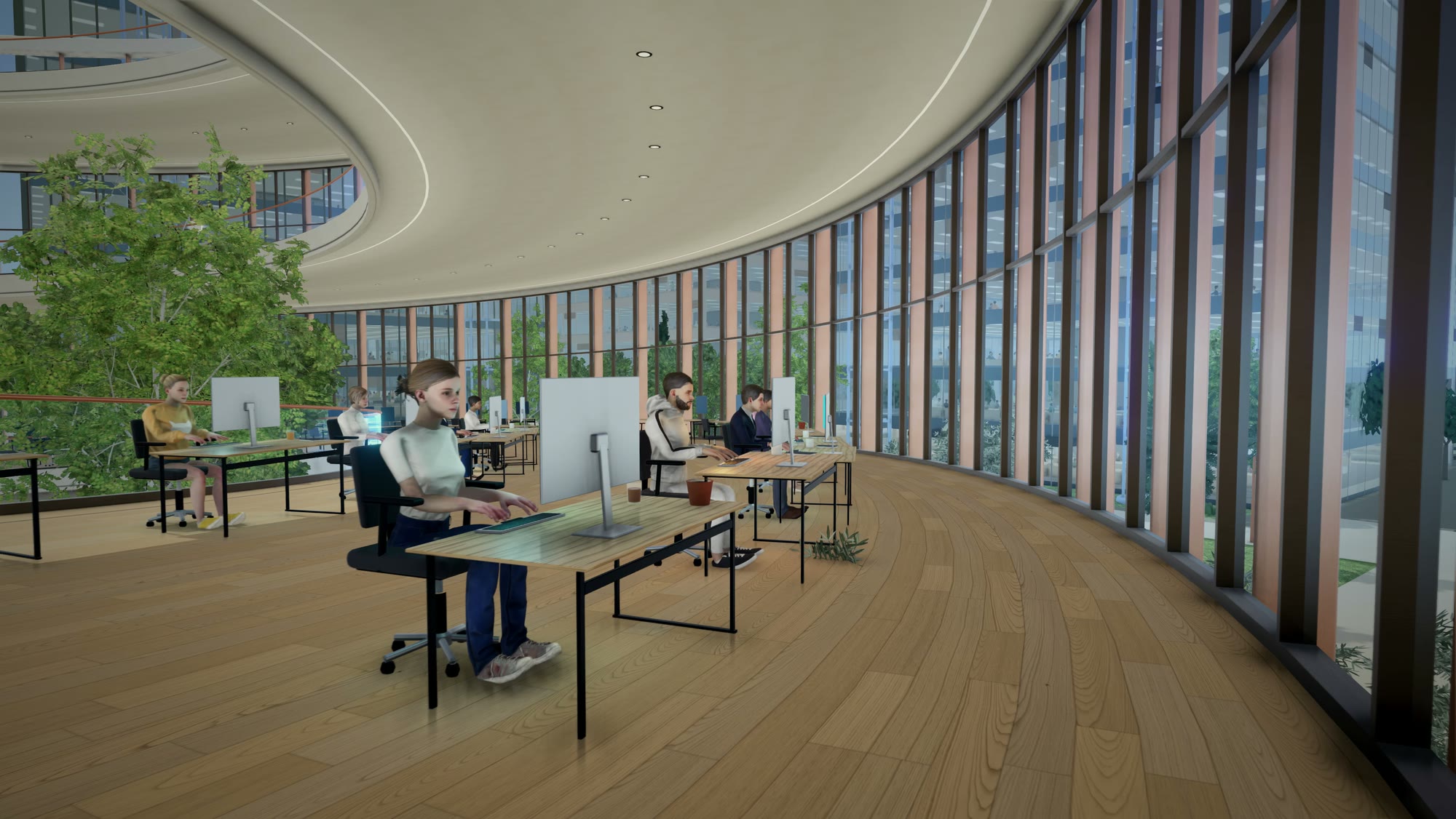 The Spiral studio: agents at their desks along the curved glass, a tree from the garden beside them
