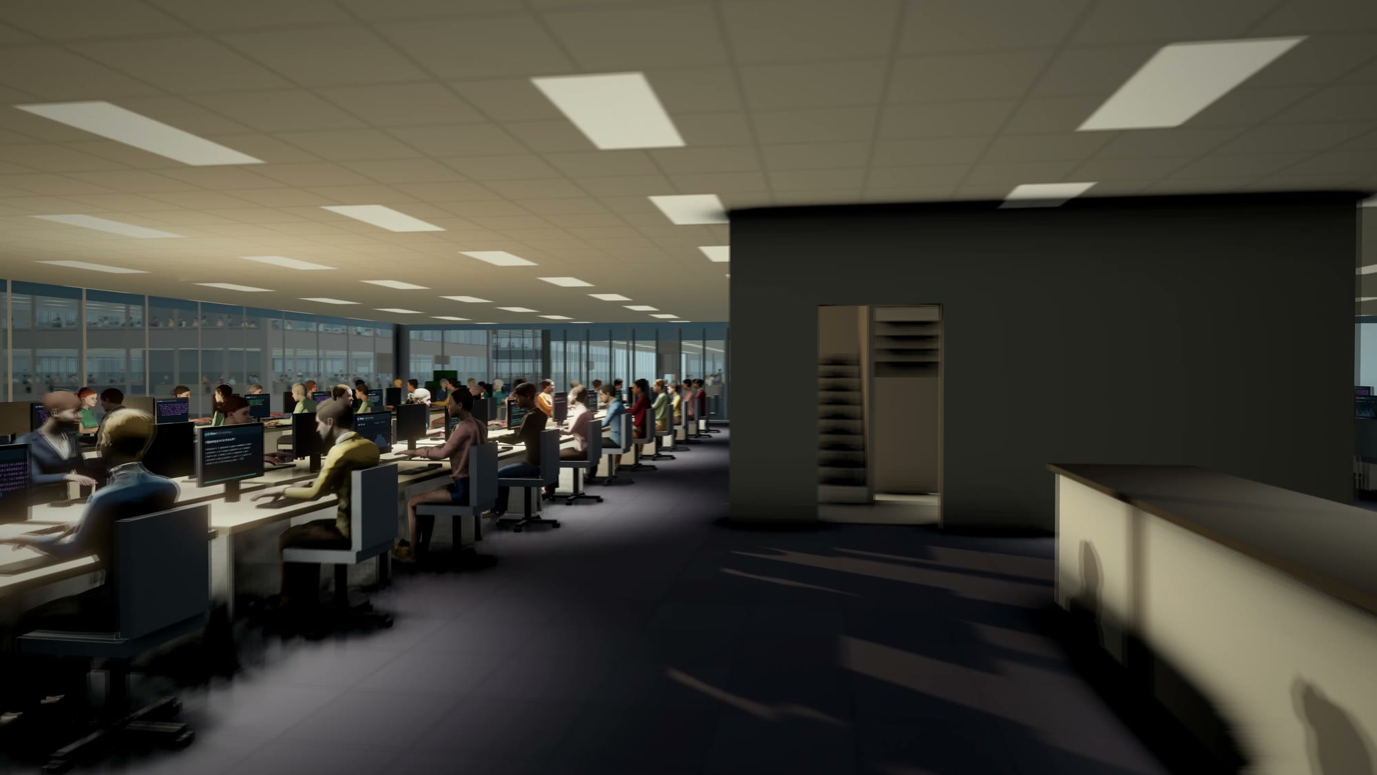 Inside one of the island’s towers: a whole floor of agents at their desks under the ceiling lights, rows of them running back to the far windows