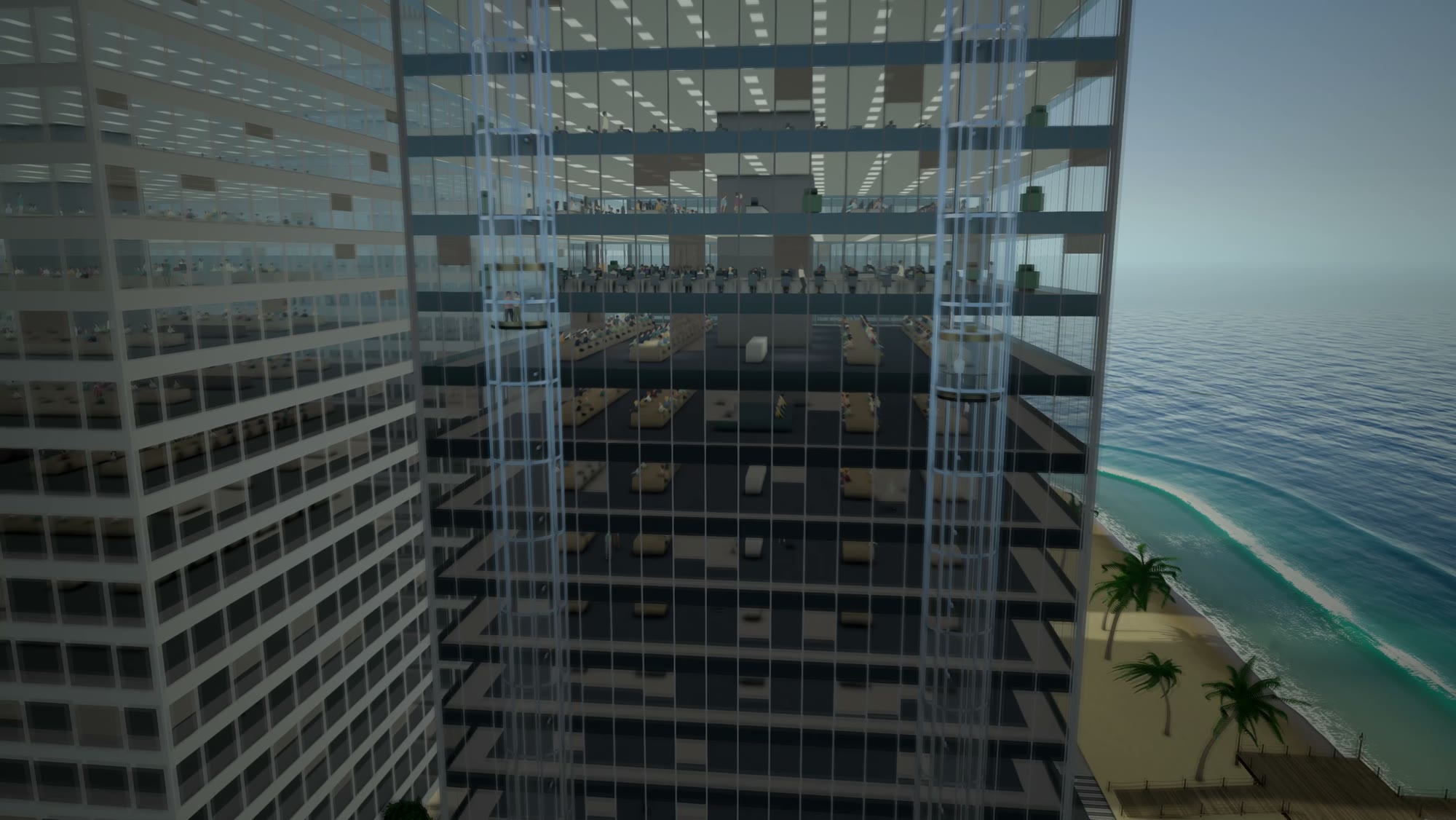 Looking down past a tower’s glass front to the beach and the sea below